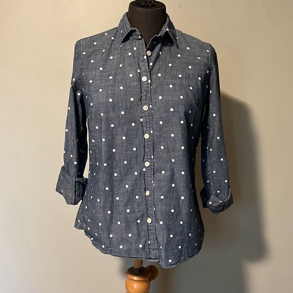 J. Crew Women's Blue White Chambray Polka Dot Button Down Perfect Shirt Size XS